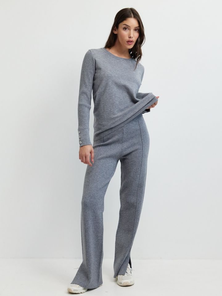 מכנסיים סריג שליצים בצבע אפור מרנגו