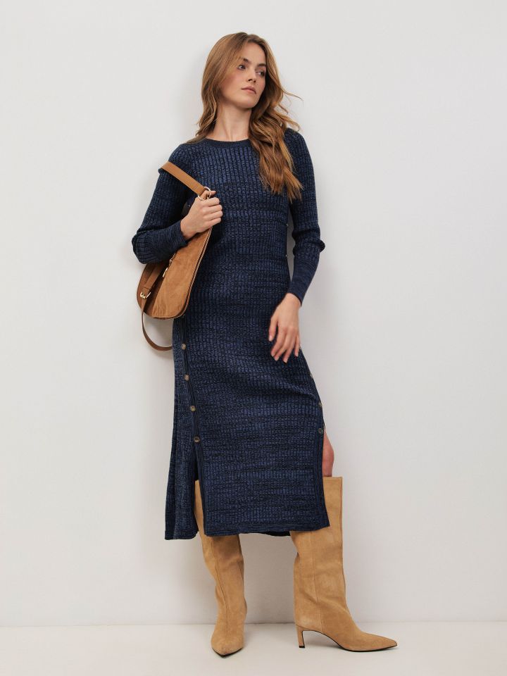 שמלה מלנג’ כפתורי צד בצבע כחול/שחור