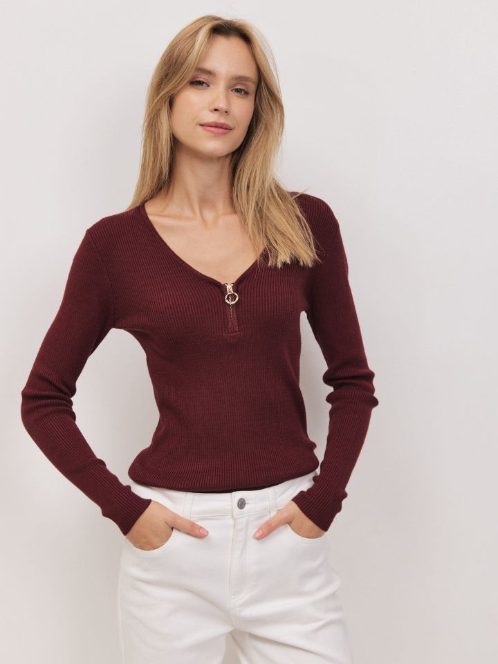 סריג V רוכסן PROMO בצבע בורדו