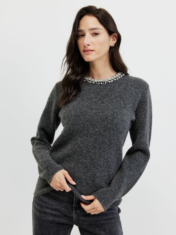 סריג פתח דמוי יהלומים בצבע אפור מלאנז בינוני