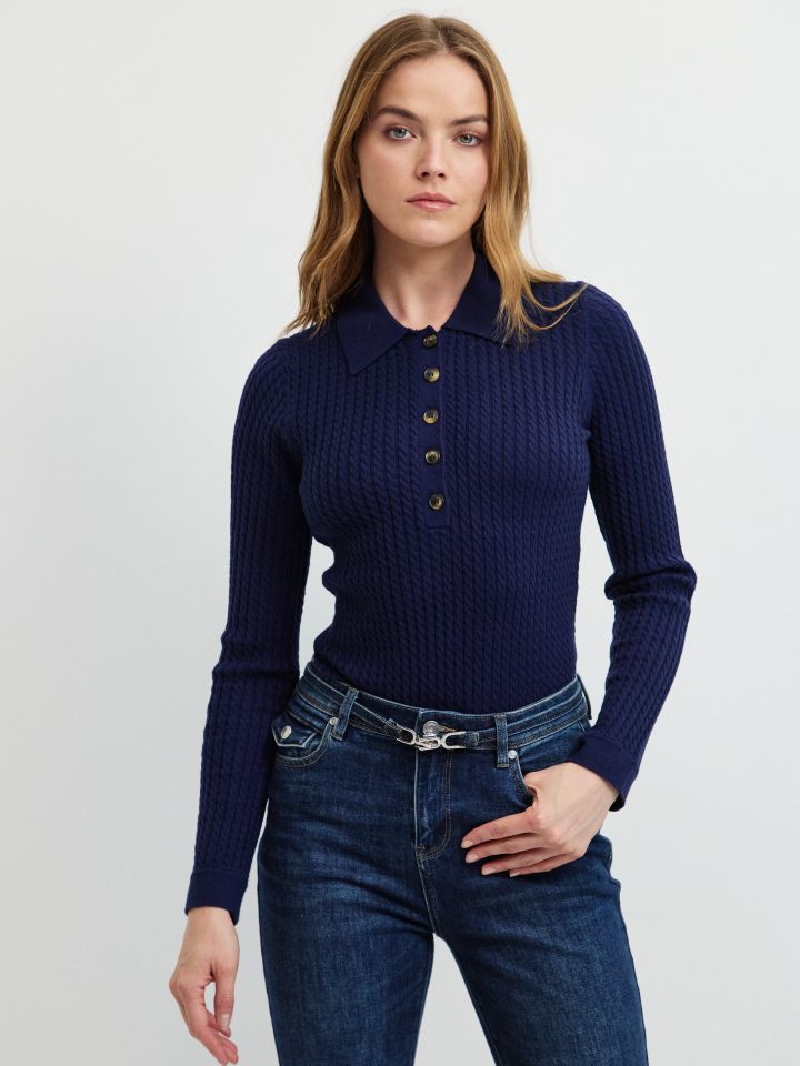 סריג צמות וצווארון PROMO בצבע נייבי