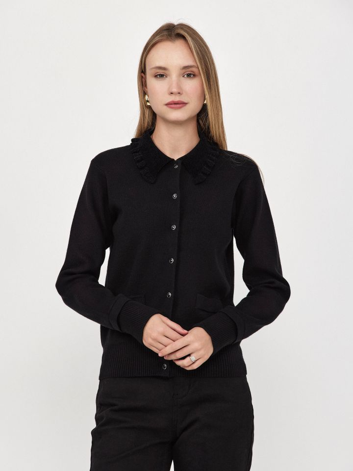 קרדיגן סריג צוארון מלמלה שניל בצבע שחור