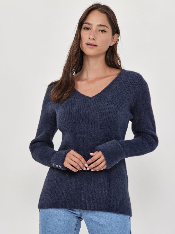 סריג V שאניל כפתור בשרוול בצבע כחול ונסה