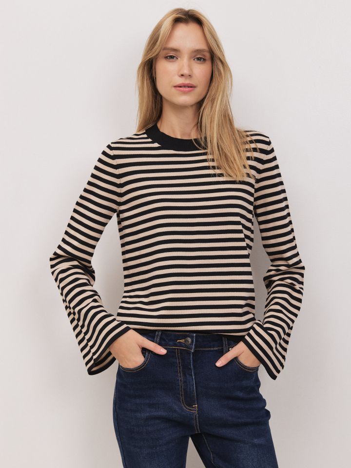 סריג פסים שרוול פעמון בצבע שחור