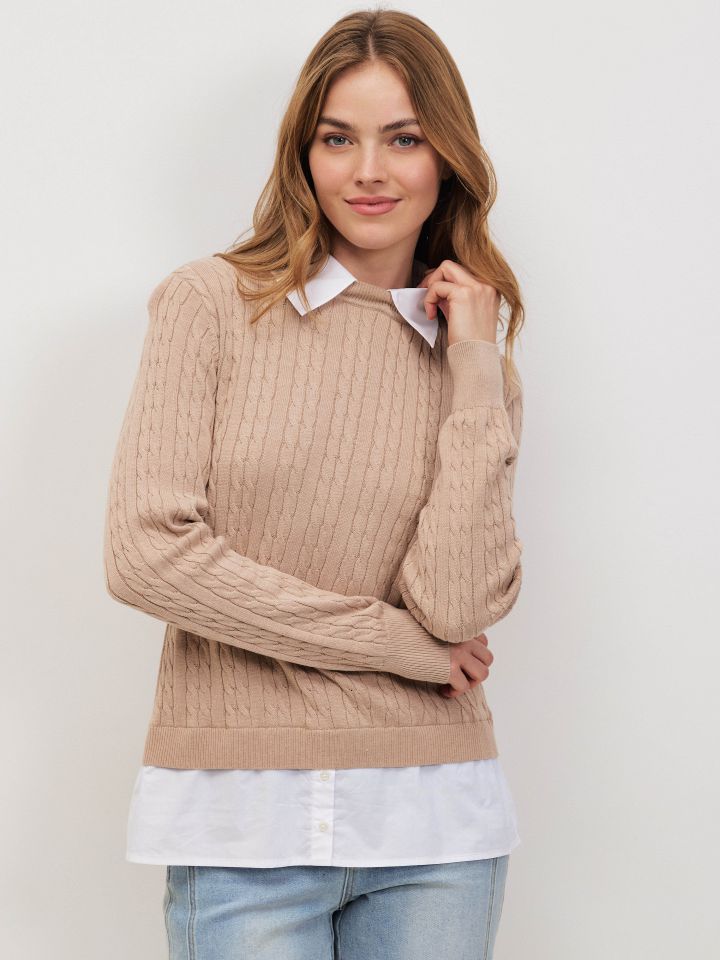 סריג צמות שילוב חולצה בצבע בייז מלנג’