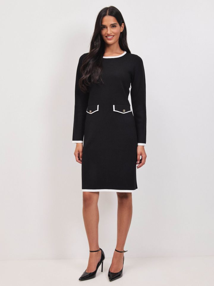 שמלה סריג כיסים דו קולור בצבע שחור