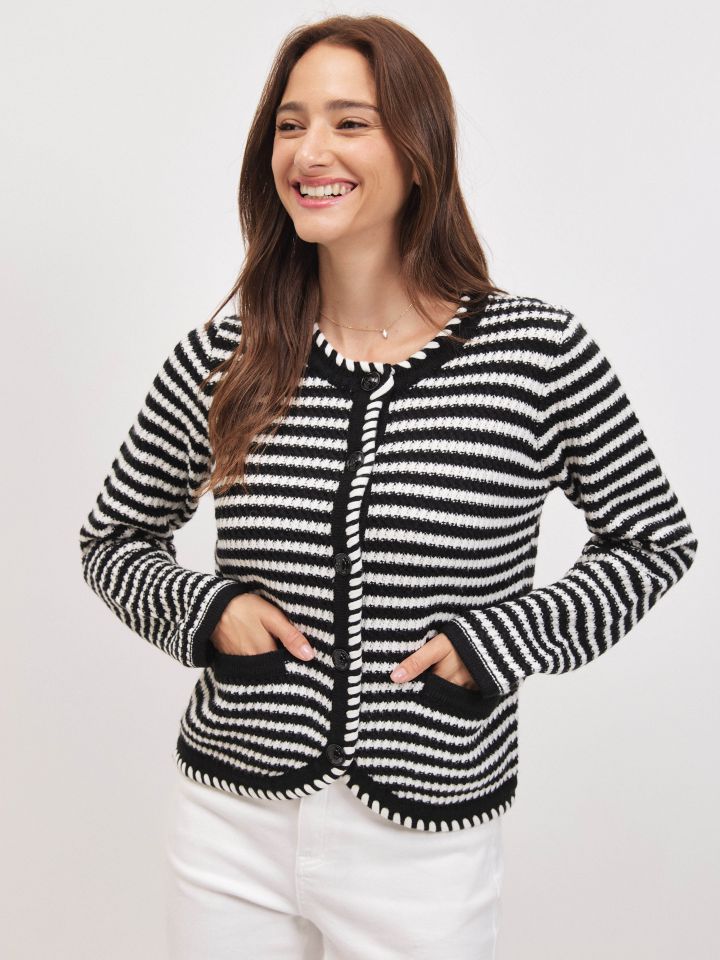 קרדיגן סריג פסים + כיסים בצבע שחור