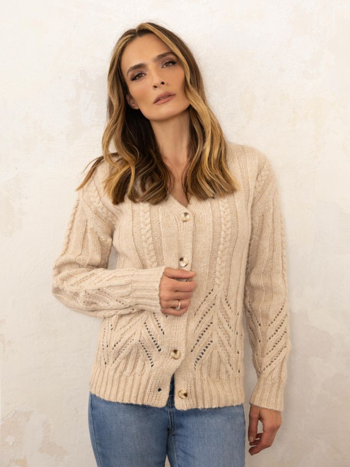 קרדיגן סריג צמות בצבע קאמל