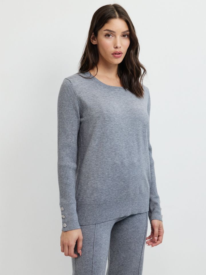 סריג כפתורי דמוי יהלומים בשרוול בצבע אפור מלאנז בינוני