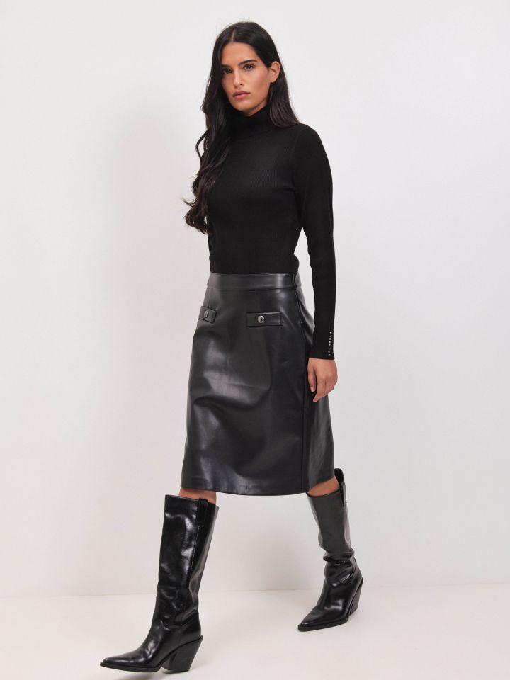 שמלה סריג חצאית דמוי עור בצבע שחור