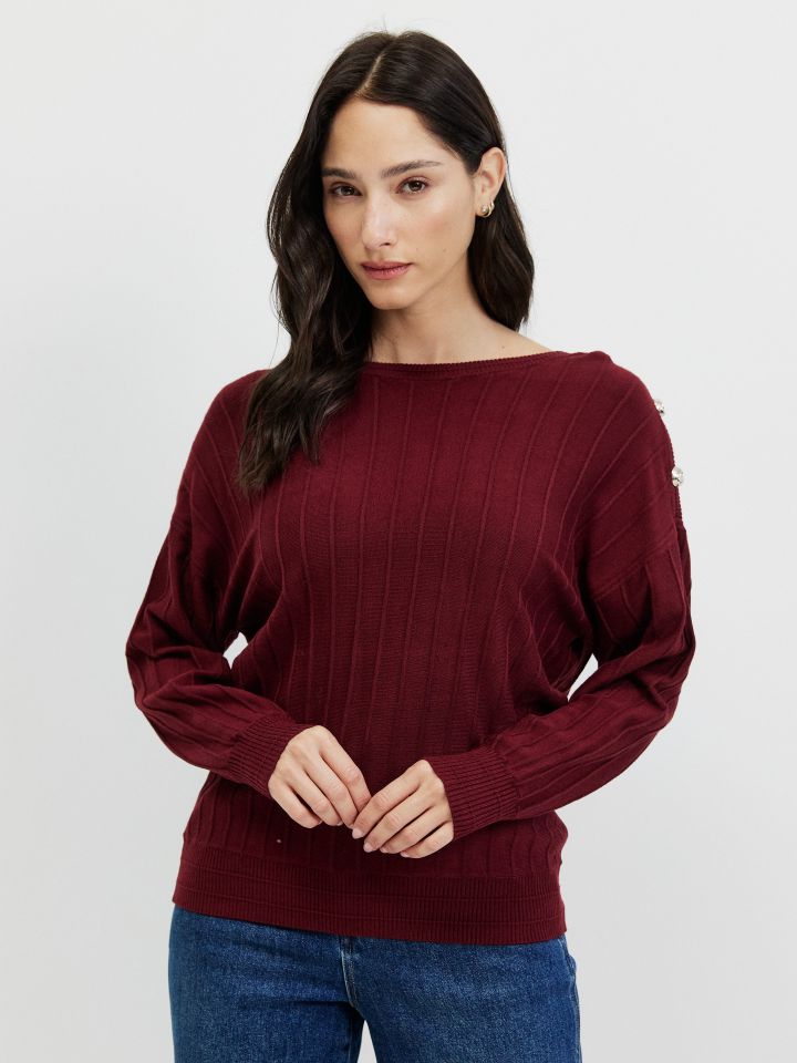 סריג כפתורים בכתף PROMO בצבע בורדו