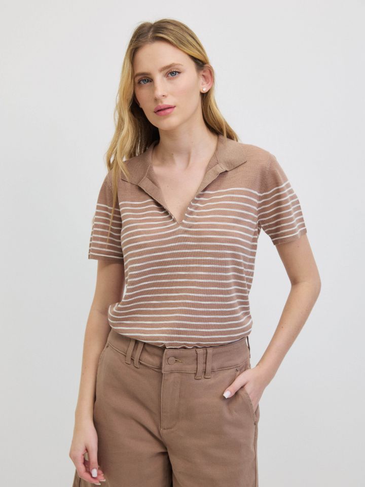 סריג פסים צוארון בצבע מוקה