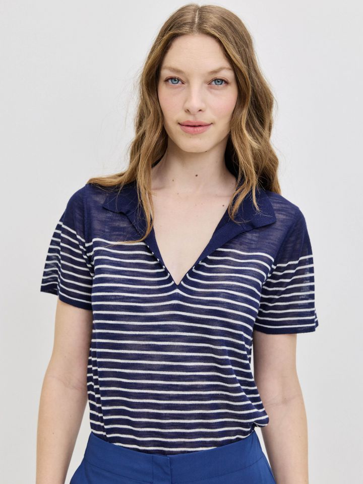 סריג פסים צוארון בצבע נייבי