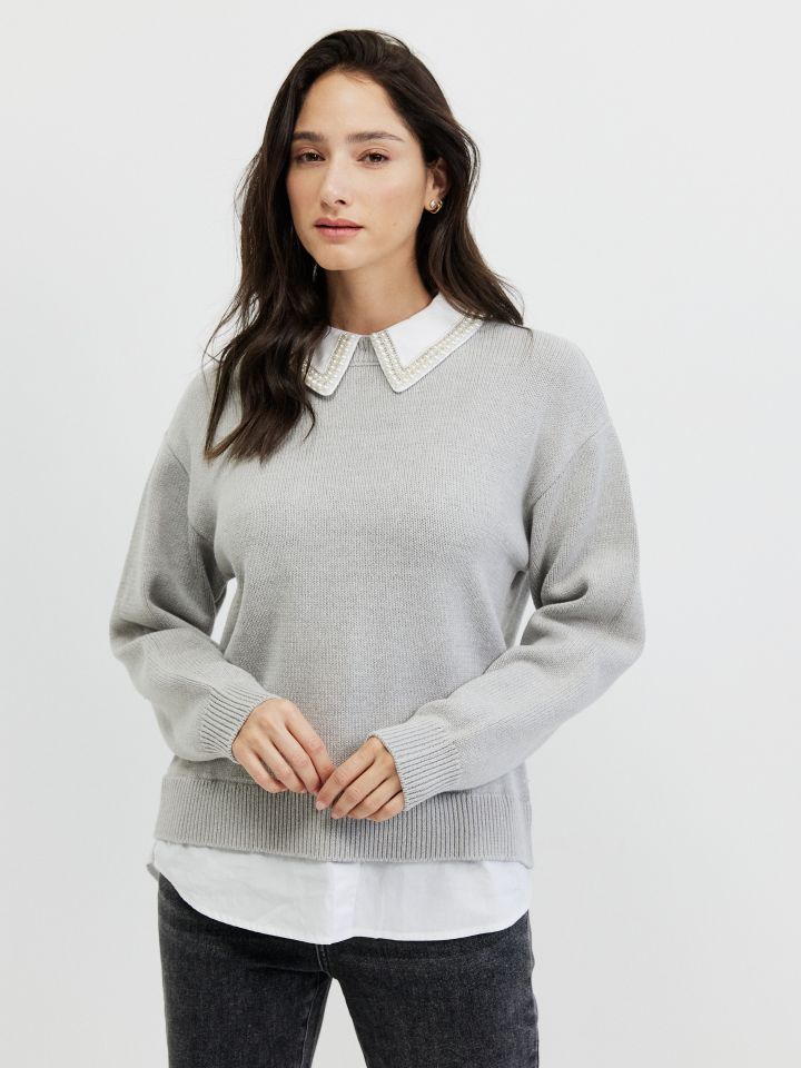 סריג שילוב חולצה ודמוי פנינים בצבע אפור כסף