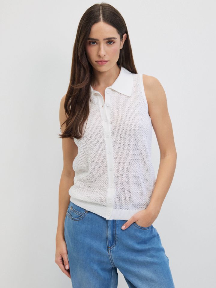 סריג צוארון רשת בצבע אופוויט