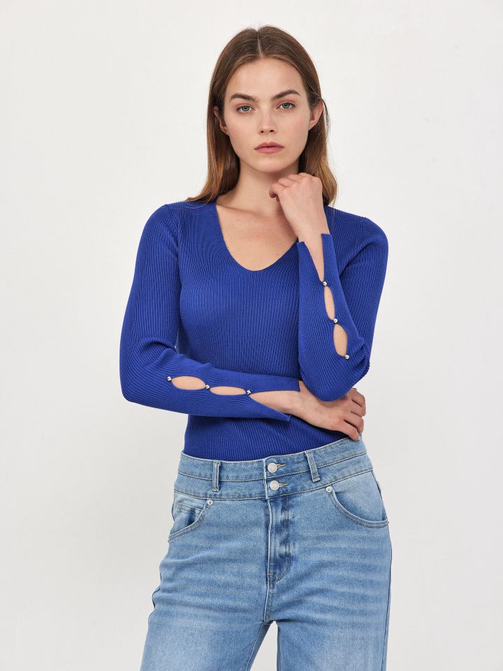 סריג V ריב כפתורים PROMO בצבע כחול רויאל