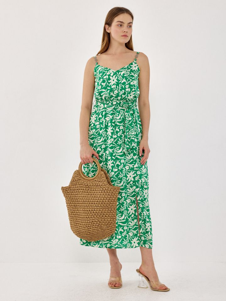 שמלה דפוס כתפיות ואבזמים בצבע ירוק