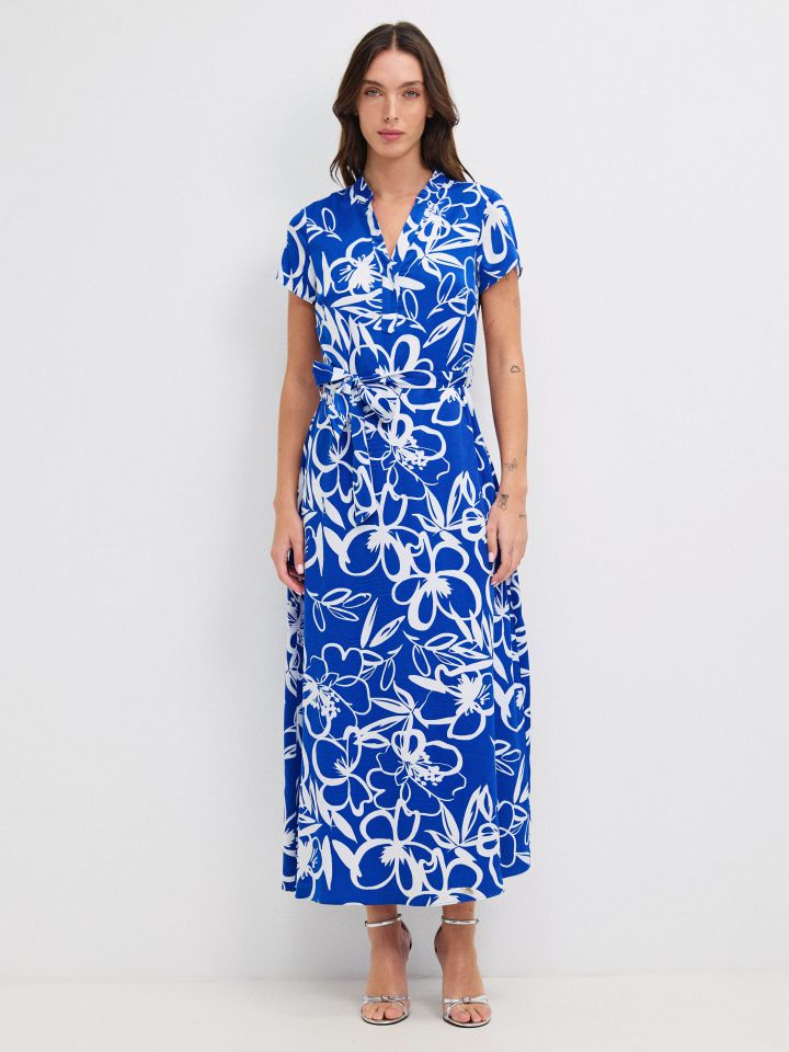 שמלה דפוס חגורה קשירה PROMO בצבע כחול/לבן