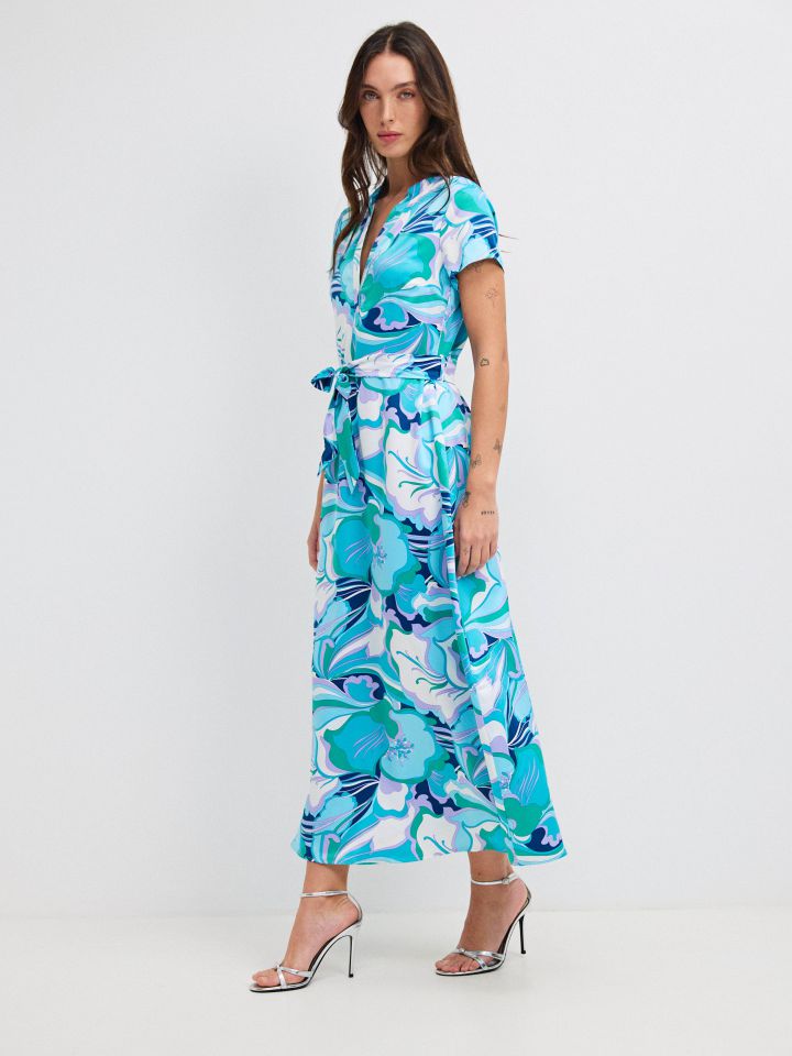 שמלה דפוס חגורה קשירה PROMO בצבע טורקיז