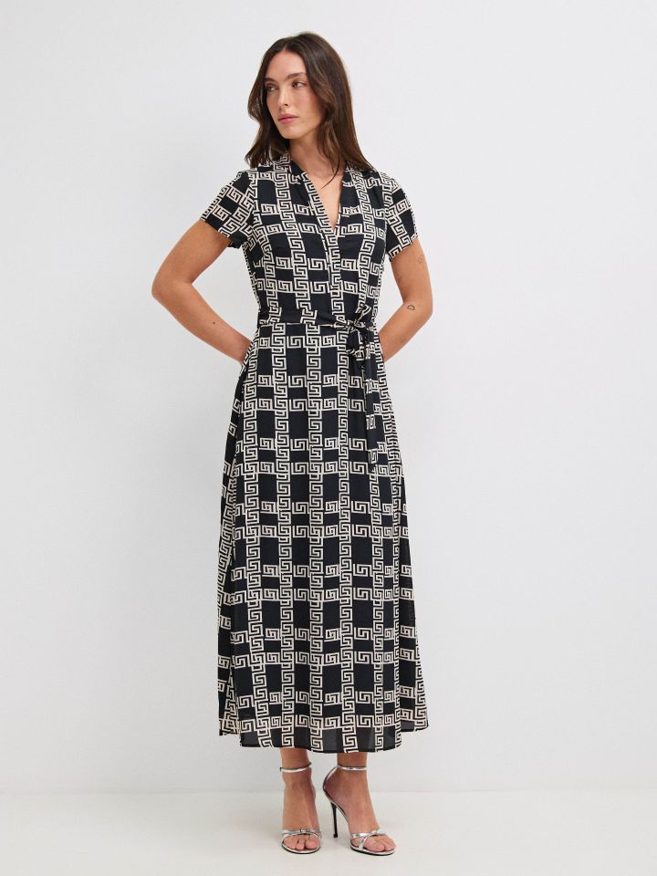 שמלה דפוס חגורה קשירה PROMO בצבע אתני