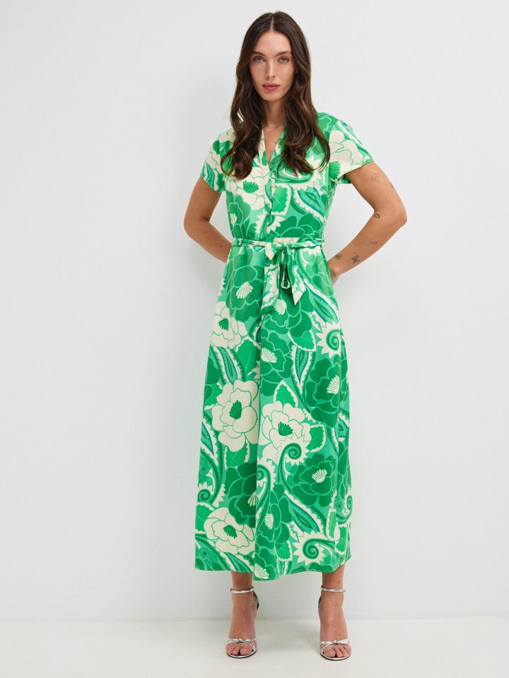 שמלה דפוס חגורה קשירה PROMO בצבע ירוק