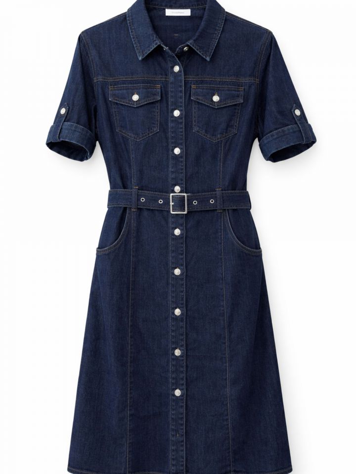 שמלה ג’ינס חגורה ואבזם בצבע ג’ינס כהה