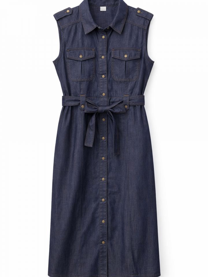 שמלה כיסים + חגורה בצבע ג’ינס כהה