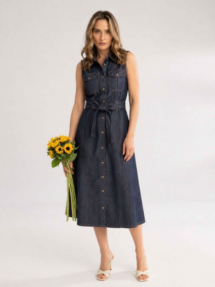 שמלה כיסים + חגורה בצבע ג’ינס כהה