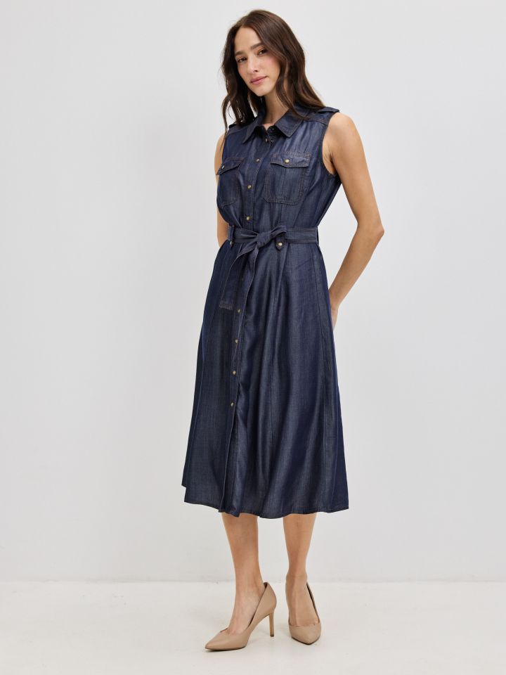 שמלה כיסים + חגורה בצבע ג’ינס כהה
