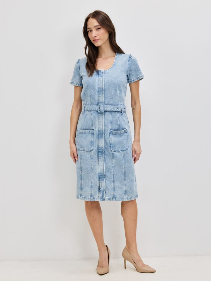 שמלה ג’ינס + חגורה בצבע ג’ינס בהיר