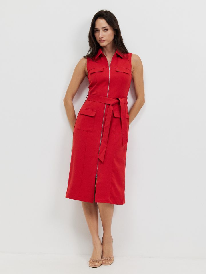 שמלה כיסים חגורה בצבע אדום