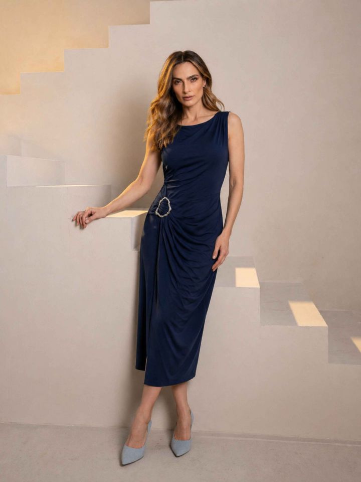 שמלה אבזם צד בצבע נייבי