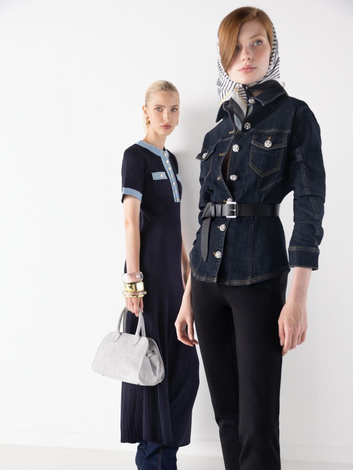 ג’קט ג’ינס כפתורי דמוי יהלומים בצבע ג’ינס כהה