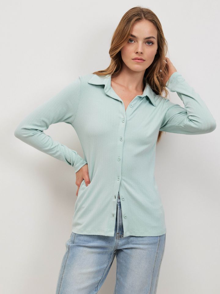 קרדיגן צוארון ריב PROMO בצבע ירוק בהיר