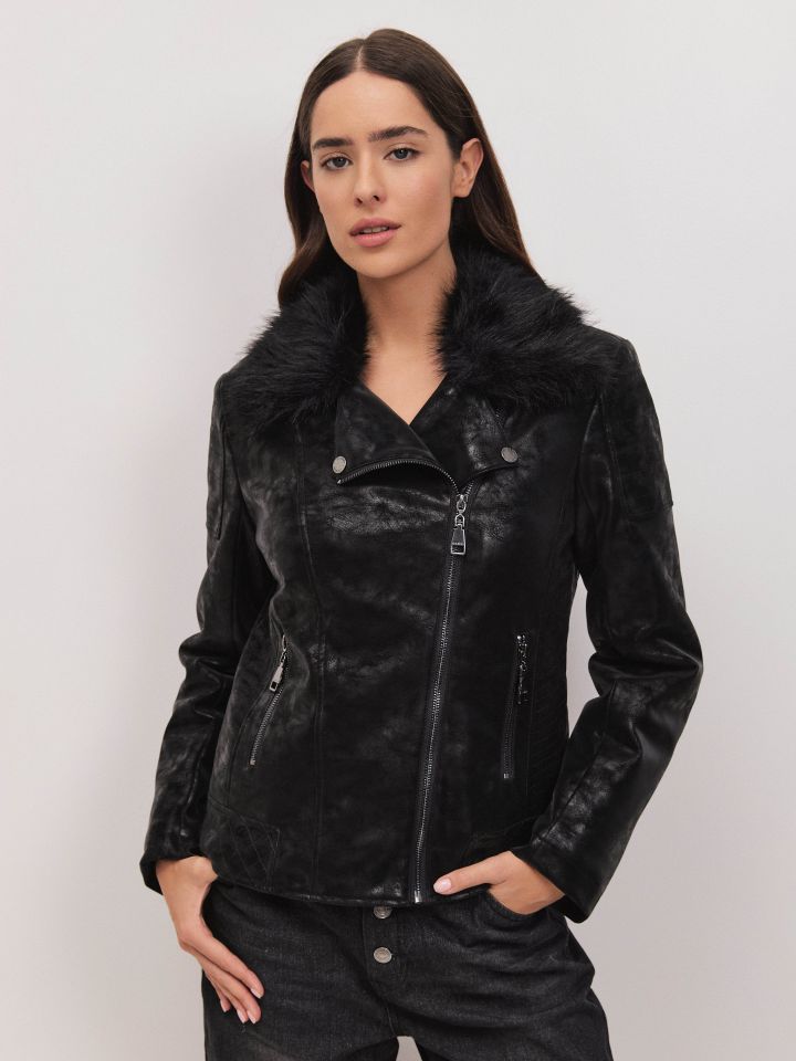 מעיל דמוי זמש ופרווה PROMO בצבע שחור