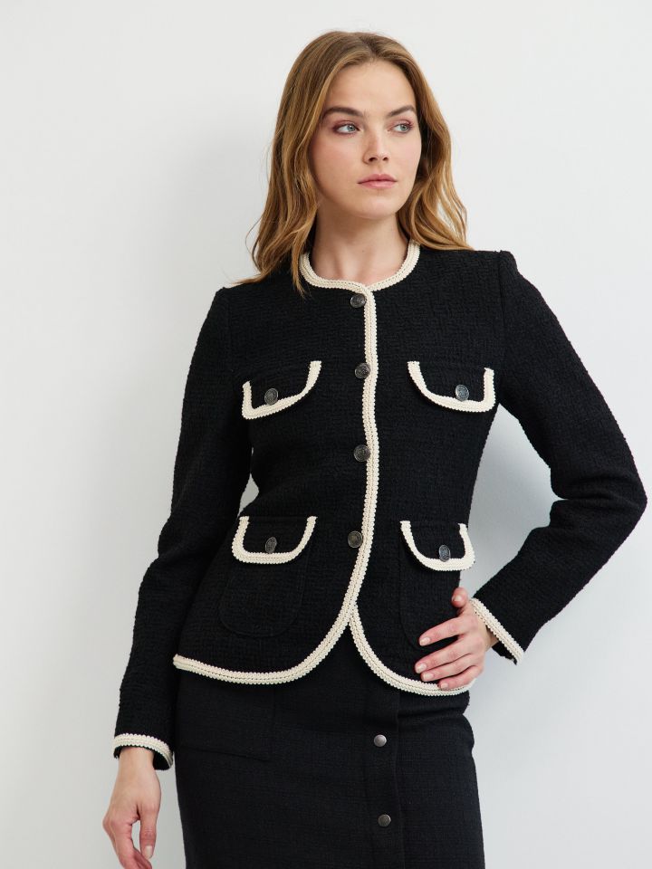 ג’קט מראה בוקלה כיסים שילוב בצבע שחור