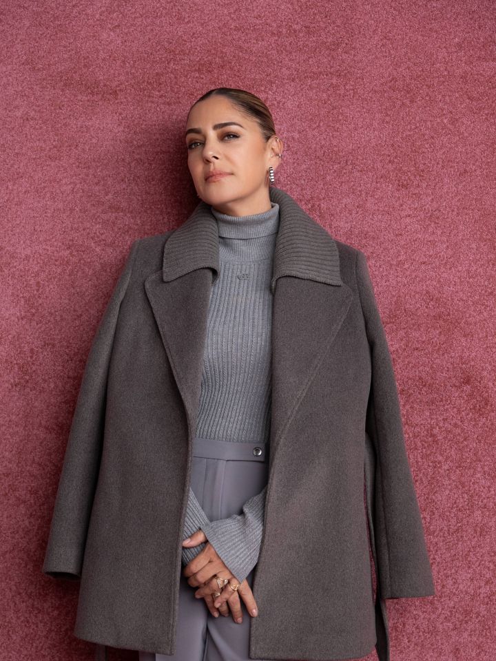 מעיל מראה צמר קשירה בצבע מוקה