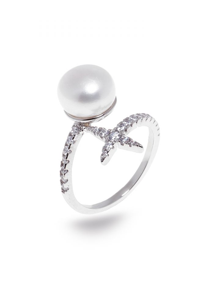 טבעת שילוב פנינה ואבנים בצבע כסף