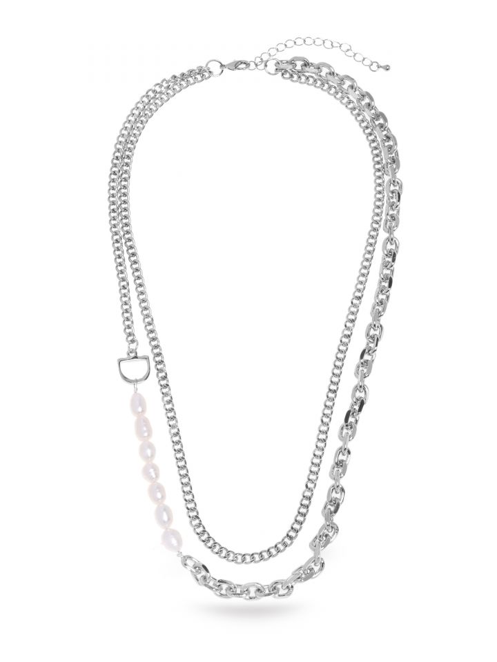 שרשרת שילוב גורמט ופנינים בצבע כסף