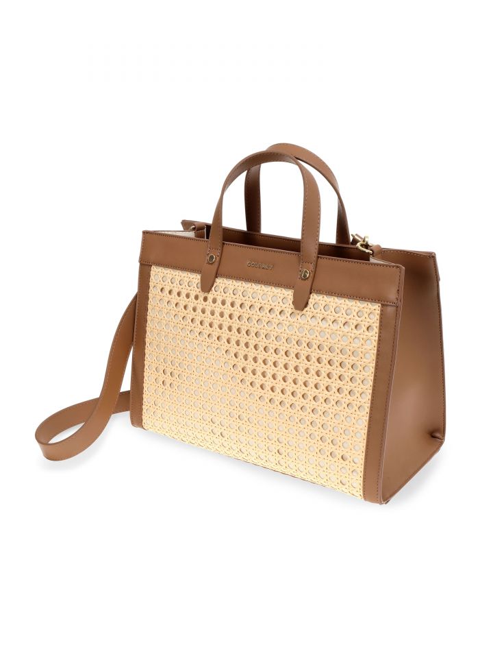 תיק שילוב קש ודמוי עור בצבע קאמל